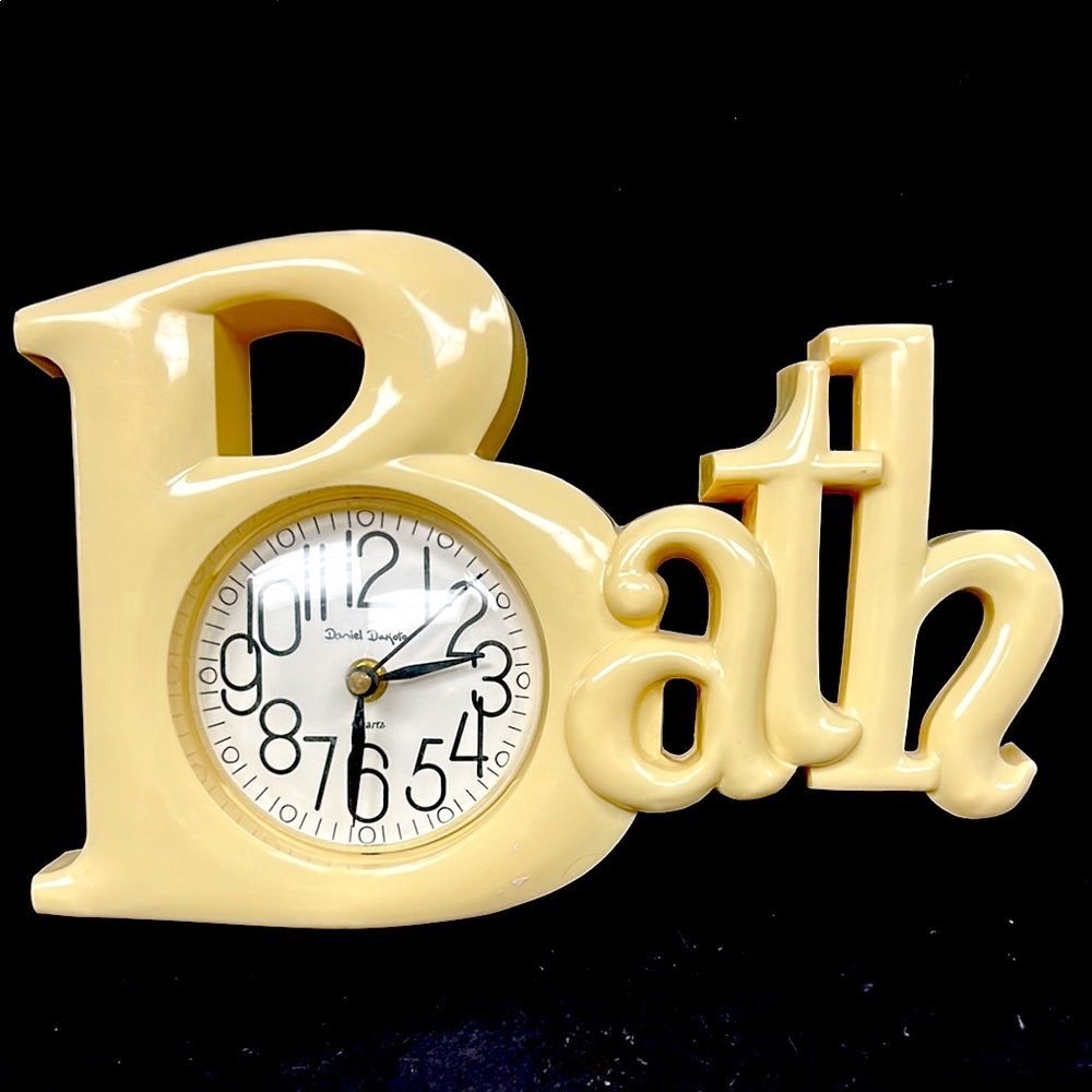 Vintage  13 x 13 kitsch 1970’s “BATH” cream coloured plastic wall clock